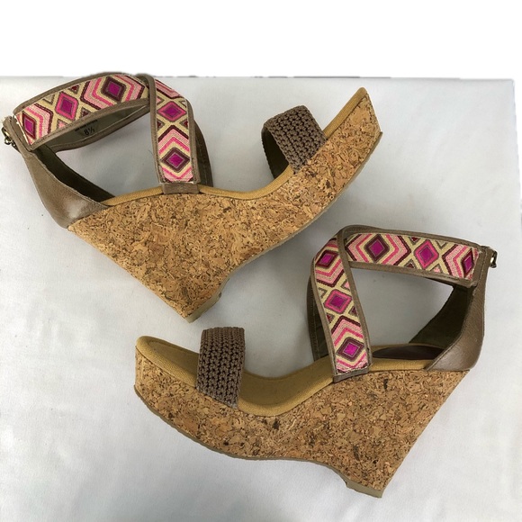 The Sak Wedge Sandal Cork Sz 8.5 Pink Aztec Embroidery Strap Crochet - Picture 3 of 12